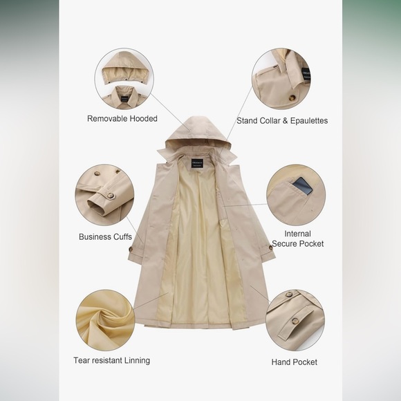 Creatmo Trench Coat Double-Breasted Classic Lapel Belted Outerwear Hooded Rain - Picture 4 of 9